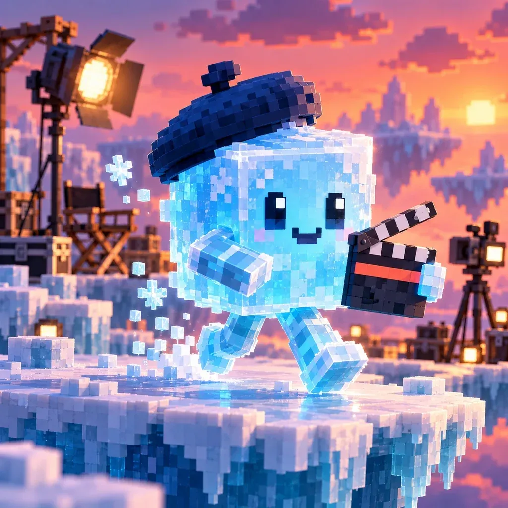 Ice walking across a voxel film set on a floating ice island at dusk, with studio lamps, a camera on a tripod and director's chairs behind