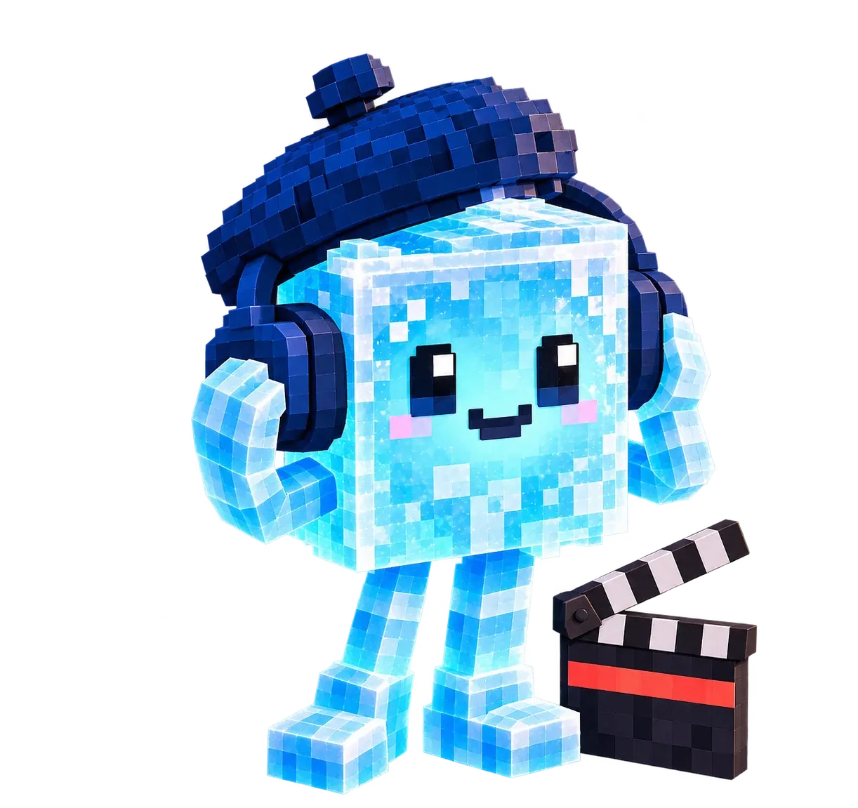 Ice wearing navy voxel headphones, both hands on the ear cups, the clapperboard standing beside its feet